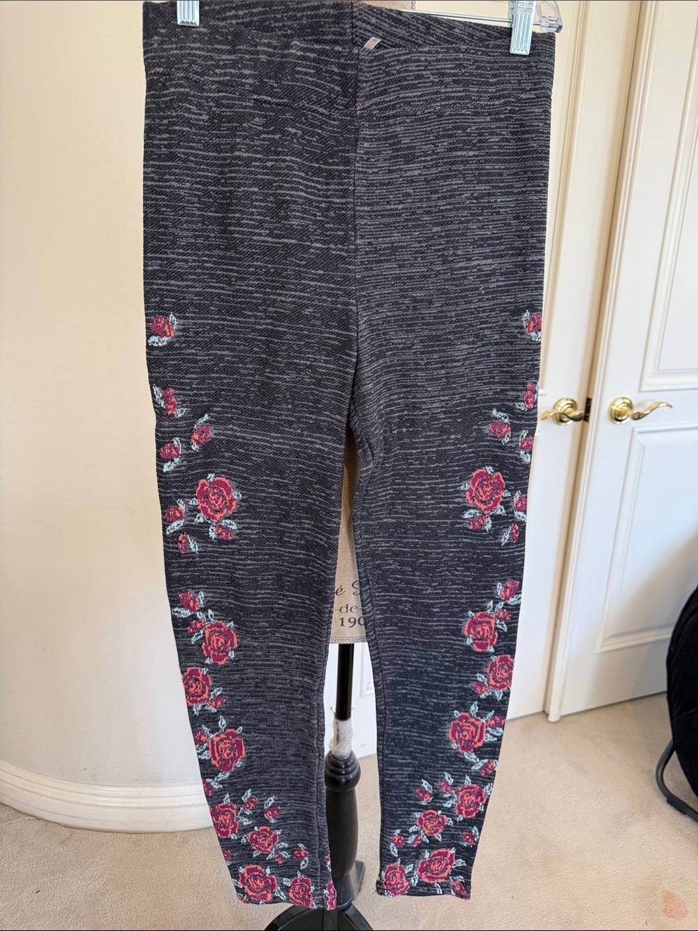 Free People Charcoal Gray Leggings with Pink Rose Print
